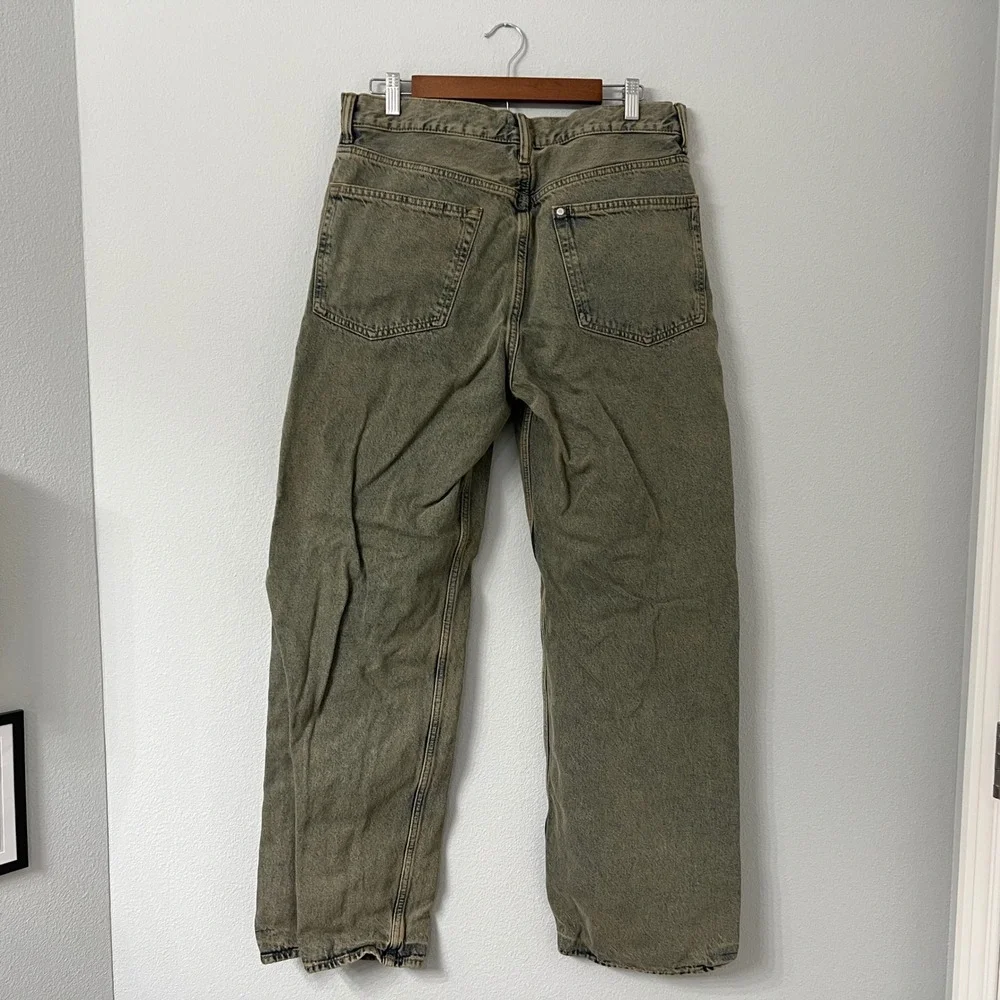 H&M Mens 34x34 Green Acid Wash Loose Straight Jeans Button Fly 100% Cotton